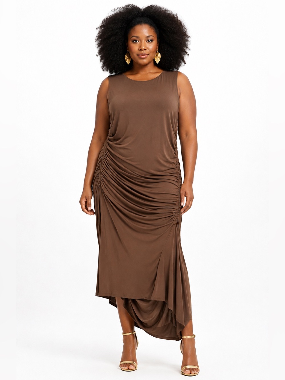 DKNY Ruched Draped Asymmetric Maxi Dress Brown Size 16